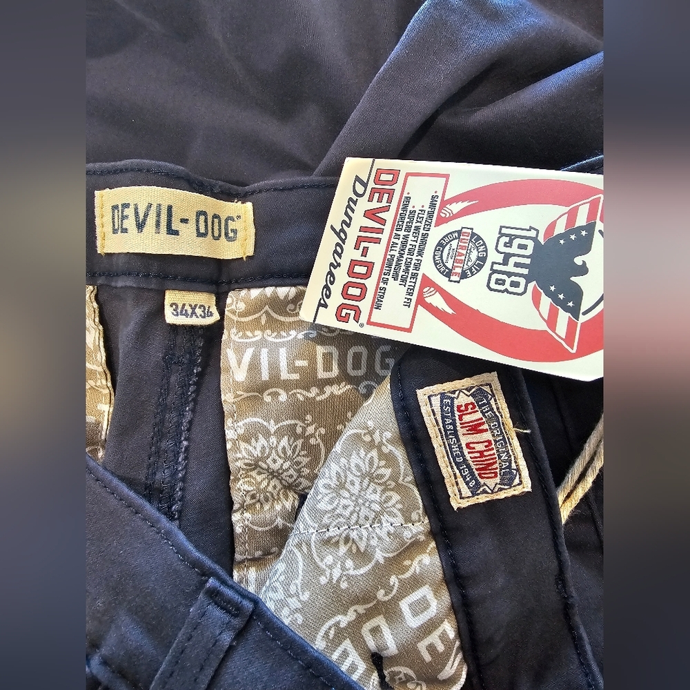 Devil-Dog Luxury Soft Cotton Navy Chinos Pants  Men's Size 34×34 NWT